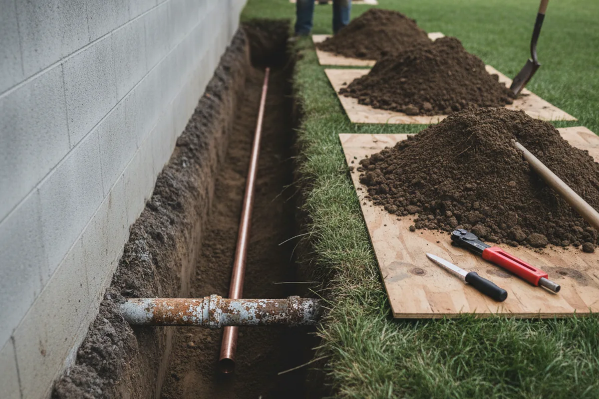 Excavated water line trench during Water Softener Installation in Islandia